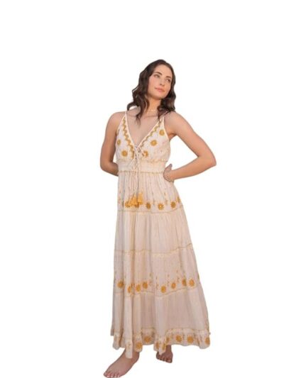 LABEL REYYA White and Gold Floral Embroidery Tiered Cotton Maxi Dress for Women
