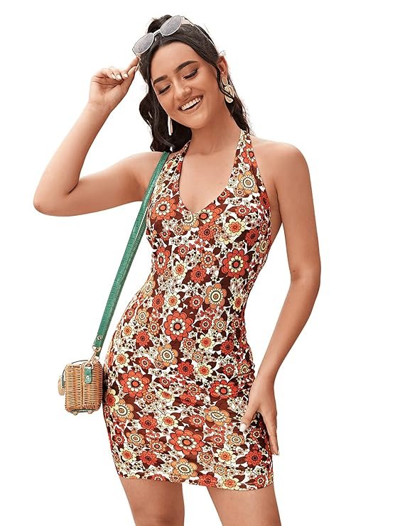 Floerns Women's Sleeveless Halter Backless Tie Back Floral Bodycon Mini Dress
