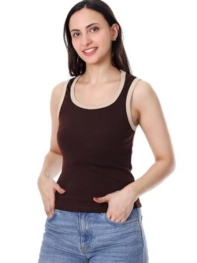 Women's Cotton Sleeveless Tank Top – Brown, | Casual Round Neck Vest for Summer Wear