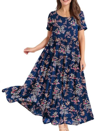 YESNO Women Casual Loose Long Maxi Bohemian Floral Dress Layered Lightweight Summer Beach Short Sleeve Swing Dress/Pockets EJF
