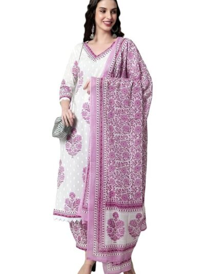 Arayna Women's Cotton Printed Floral Straight Kurta with Palazzo Pants and Dupatta