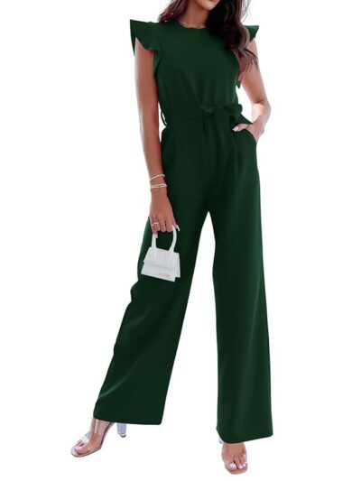 BTFBM Women Jumpsuits Crew Neck Ruffle Cap Sleeve Belted High Waist Wide Leg Romper with Pockets One Piece Casual Outfits