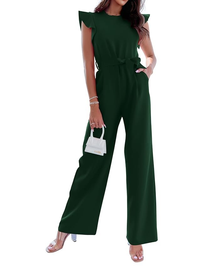 BTFBM Women Jumpsuits Crew Neck Ruffle Cap Sleeve Belted High Waist Wide Leg Romper with Pockets One Piece Casual Outfits