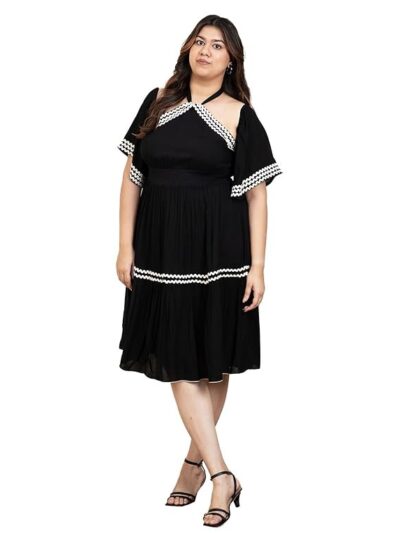 DEEBACO Solid Smocked Rayon Women's Plus Size Tiered Dress|Halter Neck Short Bell Sleeves|Summer Western Party Casual Wear Stylish Dress Collection for Ladies