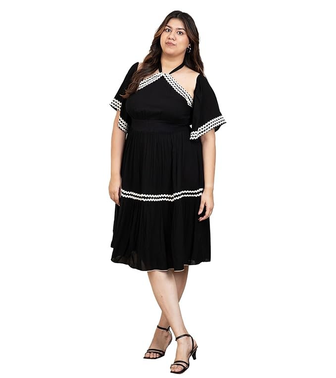 DEEBACO Solid Smocked Rayon Women's Plus Size Tiered Dress|Halter Neck Short Bell Sleeves|Summer Western Party Casual Wear Stylish Dress Collection for Ladies