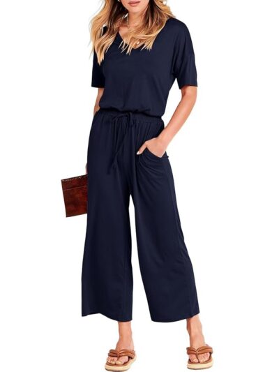 ANRABESS Women's Summer Solid Jumpsuit V Neck Casual Loose Short Sleeve Jumpsuit Rompers Playsuits CVzangqing-M WFF15 Navy Blue