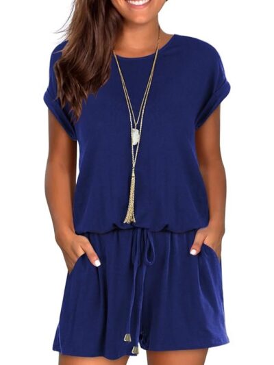 Womens Summer Cute Front Tie Short Jumpsuits Rompers with Pockets, Navy Blue, Small