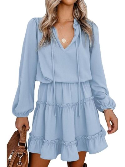 BTFBM Women Casual Summer Fall Dresses Tie V Neck Long Sleeve High Waist Ruffle Tiered A Line Swing Tunic Mini Dress