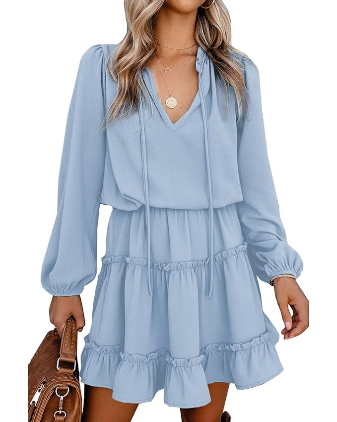 BTFBM Women Casual Summer Fall Dresses Tie V Neck Long Sleeve High Waist Ruffle Tiered A Line Swing Tunic Mini Dress