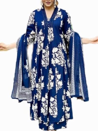 Women's Jaipur Hand Block Print Navy Blue Kurta and Pant Set with Printed Dupatta (New Launch, Comfortable Cotton Fabric, Festive, Size)