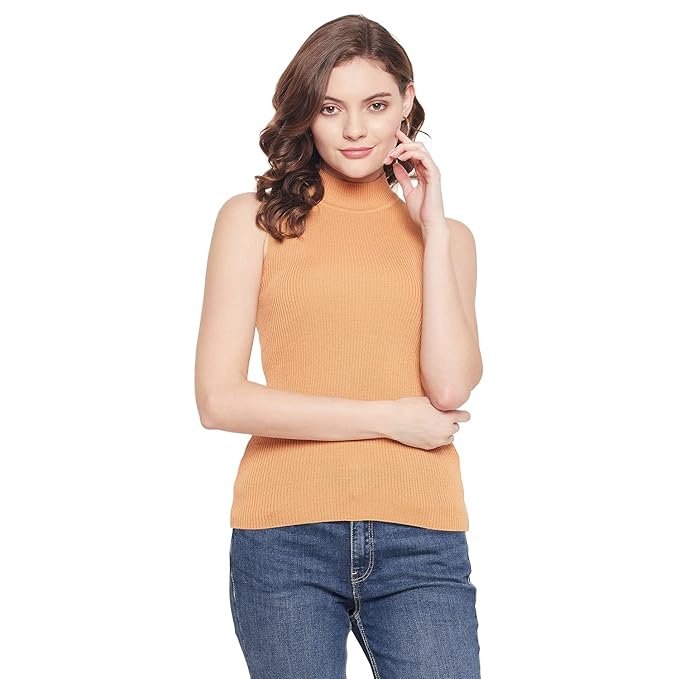 98 North Women Mustard Self Design High Neck Sweater-G1135-MUSTARD