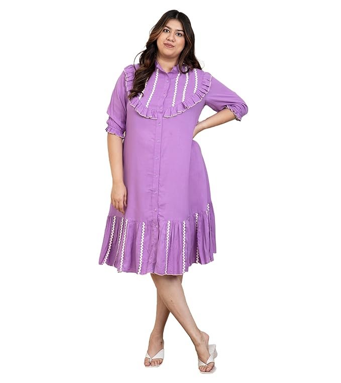 DEEBACO Solid Rayon Women's Plus Size Tiered Shirt Dress|Mandarin Collar Half Sleeve Regular Fit Calf Length|Western Party Casual Wear Summer Ladies Dress