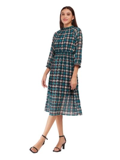 FableStreet Houndstooth A-line Dress - Teal
