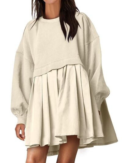 ANRABESS Women Sweatshirts Dress Oversized Long Sleeve Patchwork Casual Loose Pleated Pullover Mini Dress Fall Outfits 2024