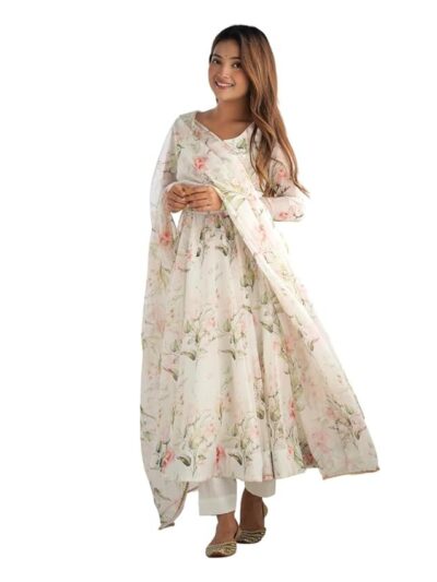 Vastra Saili Designer Women Organza Anarkali Floral Printed Kurta Pent Set with Dupatta Set Anarkali Kurti for Women