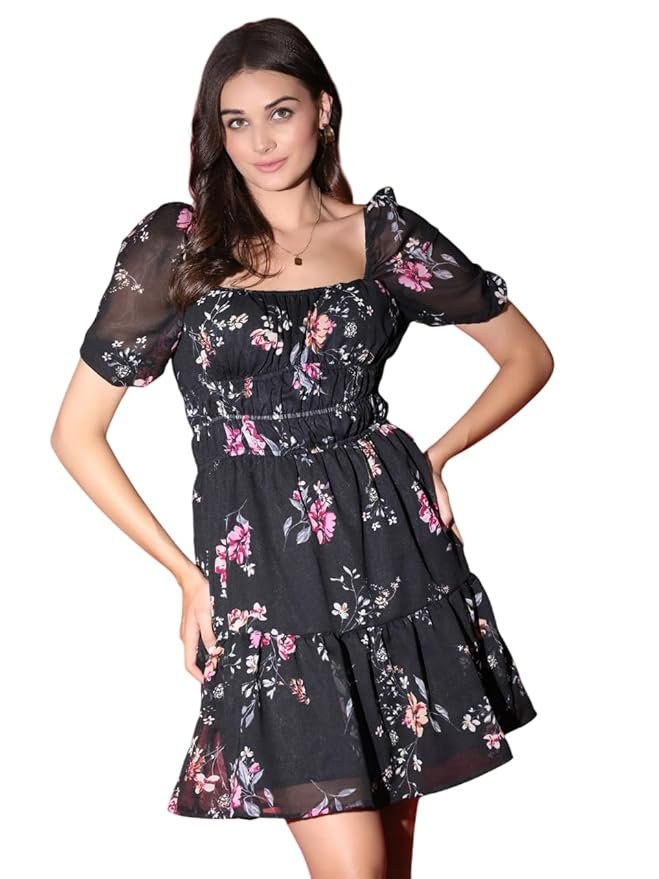 ROMONIA Georgette Regular Fit Floral Mini Dress for Women & Girls with Elegant Design | Stylish & Comfortable Outfit | Ideal for Casual Outings, Parties, Events & Special Occasions (Multi)