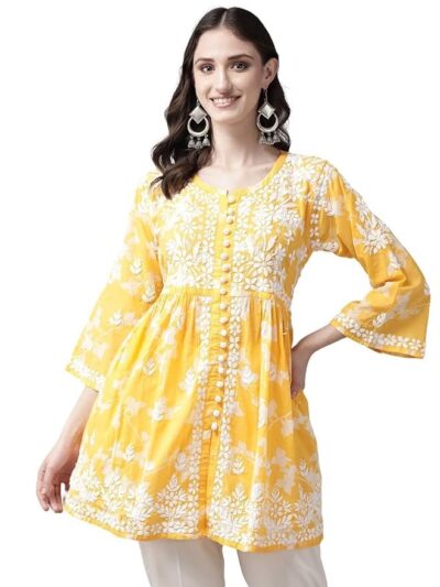Ada Hand Embroidered Lucknow Chikankari Cotton Blend Floral Short Kurti Regular Fit Top Tunic For Women A911265