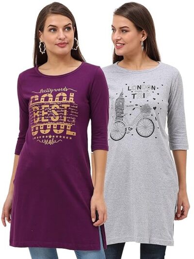 FLEXIMAA Women's Cotton Printed Round Neck 3/4 Sleeve Long Top