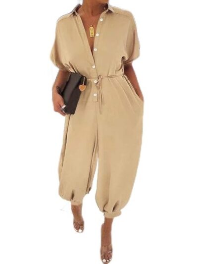 Women Plus Size Jumpsuit Solid Leopard Printed Pockets Buttons Front Belted Waist Casual Loose Rompers S-5XL-Layfoo