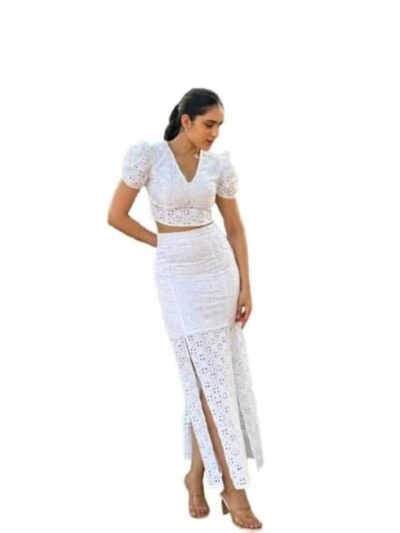 MYCLO Rapunzel White Co-Ord Set for Women | Cotton Schiffli Two-Piece Outfit | Relaxed Fit with Stylish Design | Soft | Breathable Summer Wear