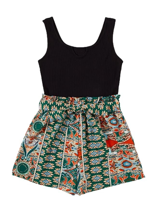 SOLY HUX Women's Summer Sleeveless Striped Belted Tank Romper Short Jumpsuit, Black Printed, Medium