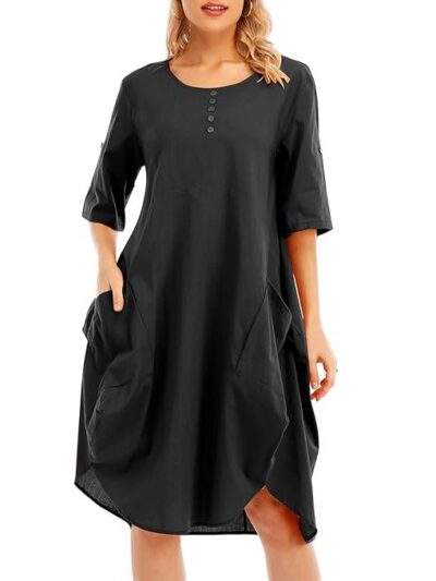 Belity Women Tunic Dress Roll-up Short Sleeve Comfortable Cotton Pockets Irregular Hem Solid Baggy Midi Dress