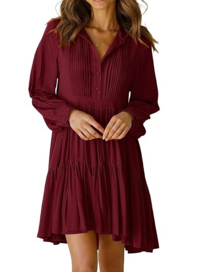 R.Vivimos Womens Fall Long Sleeve Casual Cotton Ruffle Button Down Loose Fit Mini Dress