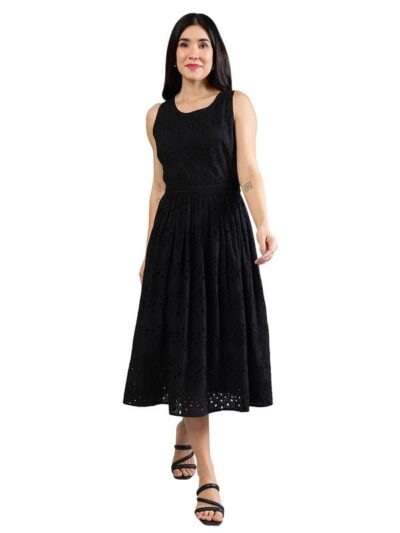 PEPPINOS Women Black Schiffli Dress in Cotton