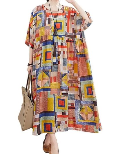 Women Cotton Linen Dress O-Neck Short Sleeves Pockets Floral Print Pleated Hem Plus Size Vintage Long Dress Belity