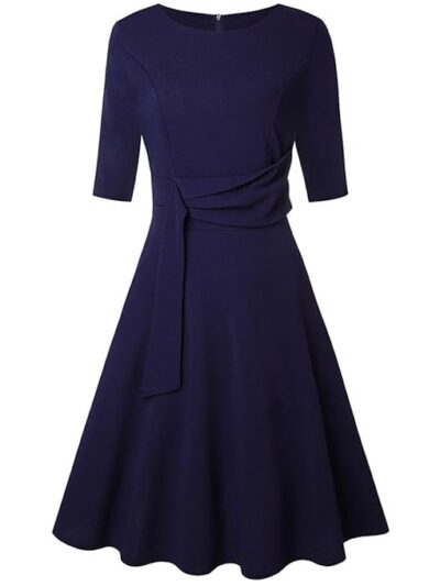 Janzoom Women Round Neck Dress, Elegant Flowy Hem Slim Fit Tie Waist Dress Half Sleeve for Women for Dating for Vacation XL Purplish Blue