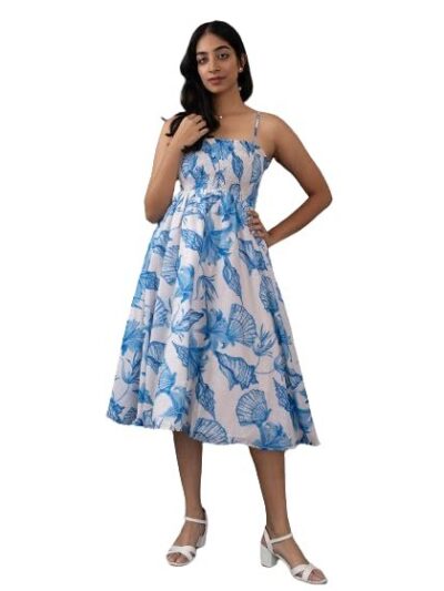 ONE Double Women's Printed Midi Dress 100% Cotton Sleeveless Detachable Straps Knee Length with Side Pocket Western Swirl Dress