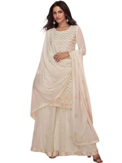 Miss Ethnik Women's White Chinon Stitched Top With Stitched Chinon Bottom and Chinon Dupatta Full Sleeve Embroidered Straight Kurta Set (ME-1160)