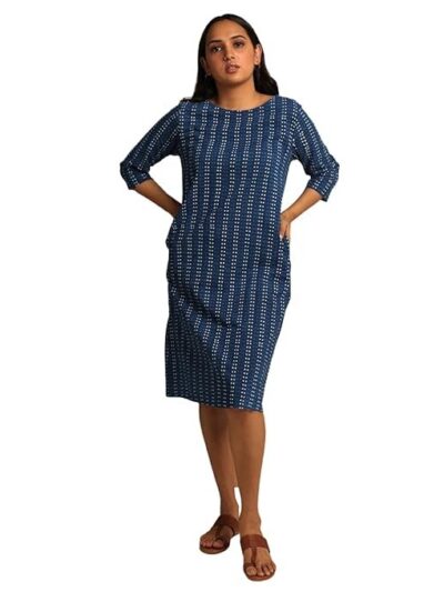 REEPEAT "KSHAMA Women's Indigo Cotton Hand Block Printed Dress with Center Back Slit - Artisanal Elegance and Unique Design|Indigo|XXL|