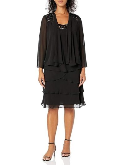 S.L. Fashions Women's Tiered Dress and Coordinating Jacket Two-Piece Set, Black, 10