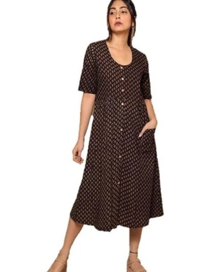 Gleamberry Women's Black Ajrakh Cotton Dress Unique Design and Timeless Style for Every Occasion