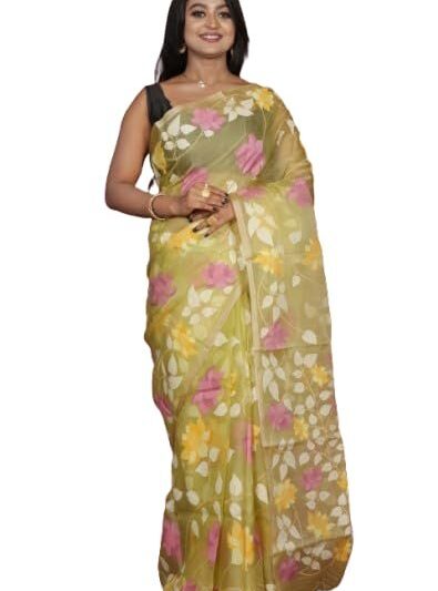 Bengal looms India- Elegant Jangla Jaal Lotus Motif Work Muslin Silk Dhakai Jamdani Saree with Blouse Piece for Festivals and Occasions