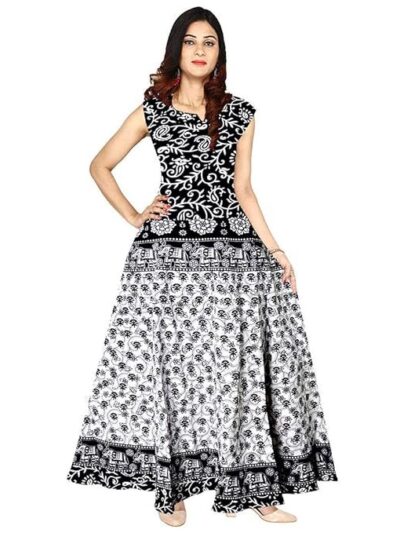 NEW KANISHKA BOUTIQUE Women Fit and Flare Cotton Fabric Printed A-Line Maxi Midi Western Long Gown jaipuri printed jaipuri dress
