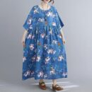 Homgee Vintage Women Cotton Linen Dress Floral Print O Neck Half Sleeve Pocket High Waist Loose Casual Maxi Dress