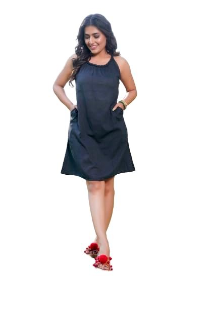 THREAD GAME Spaghetti - Pure Organic Linen Cotton Black Deep Sleeveless Dress for Women