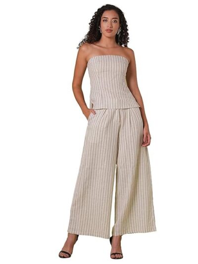 Globus Women Color Smocked Off Shoulder Top with Wide Leg Trousers Co-Ord Set