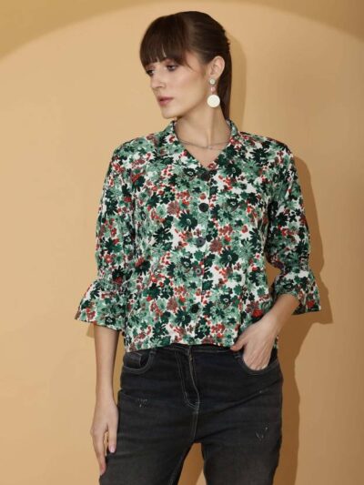 Women Regular Fit Printed Lapel Collar Casual Shirt
