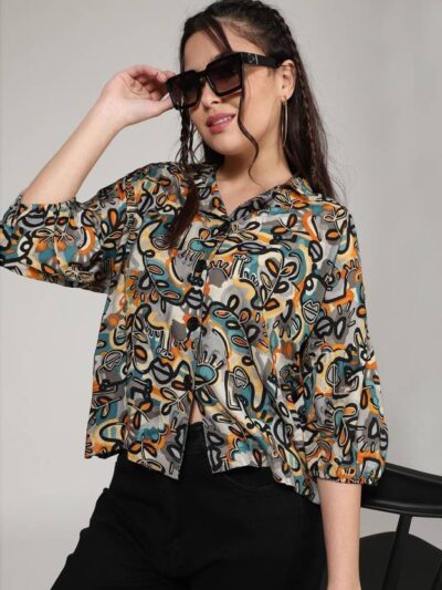 Women Boxy, Regular Fit Printed Lapel Collar Casual Shirt