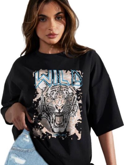 Women Printed, Typography Round Neck Cotton Blend Black T-Shirt