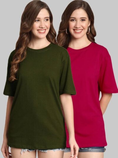 Pack of 2 Women Solid Round Neck Cotton Blend Green, Pink T-Shirt