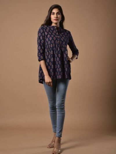 Casual Regular Sleeves Printed Women Dark Blue Top