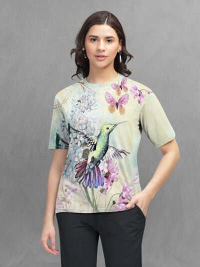 Women Printed Round Neck Cotton Blend Beige T-Shirt