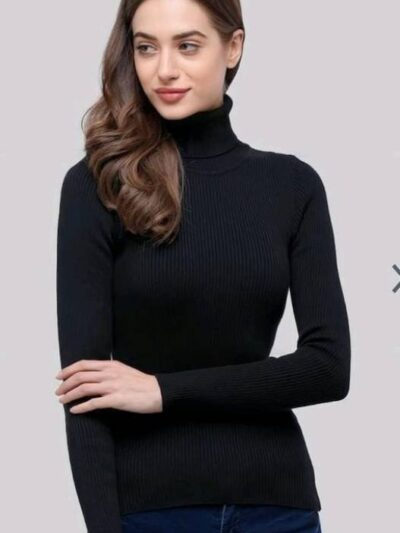 Women Self Design High Neck Cotton Blend Black T-Shirt