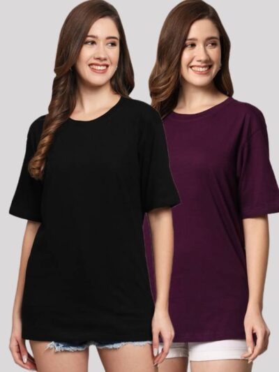 Pack of 2 Women Solid Round Neck Cotton Blend Black, Purple T-Shirt